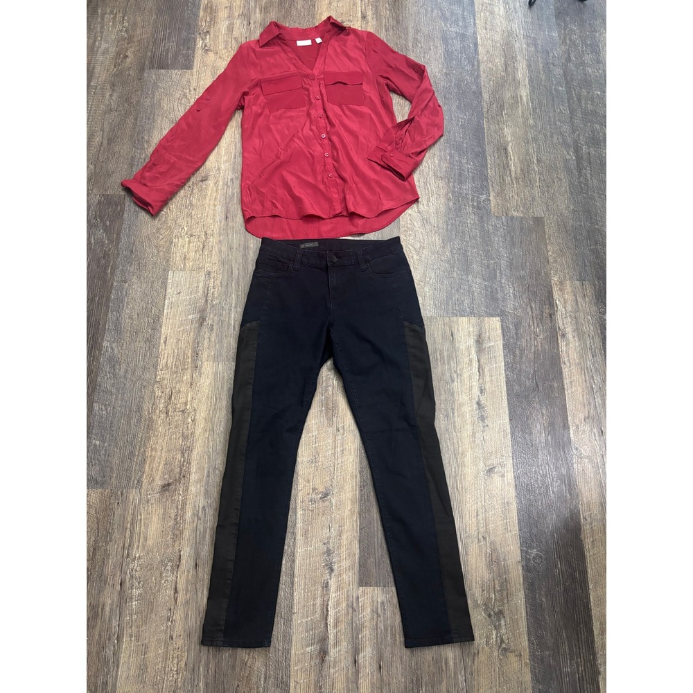 New York & Company Womens Red Roll Tab Long Sleeve Button Down Blouse Small